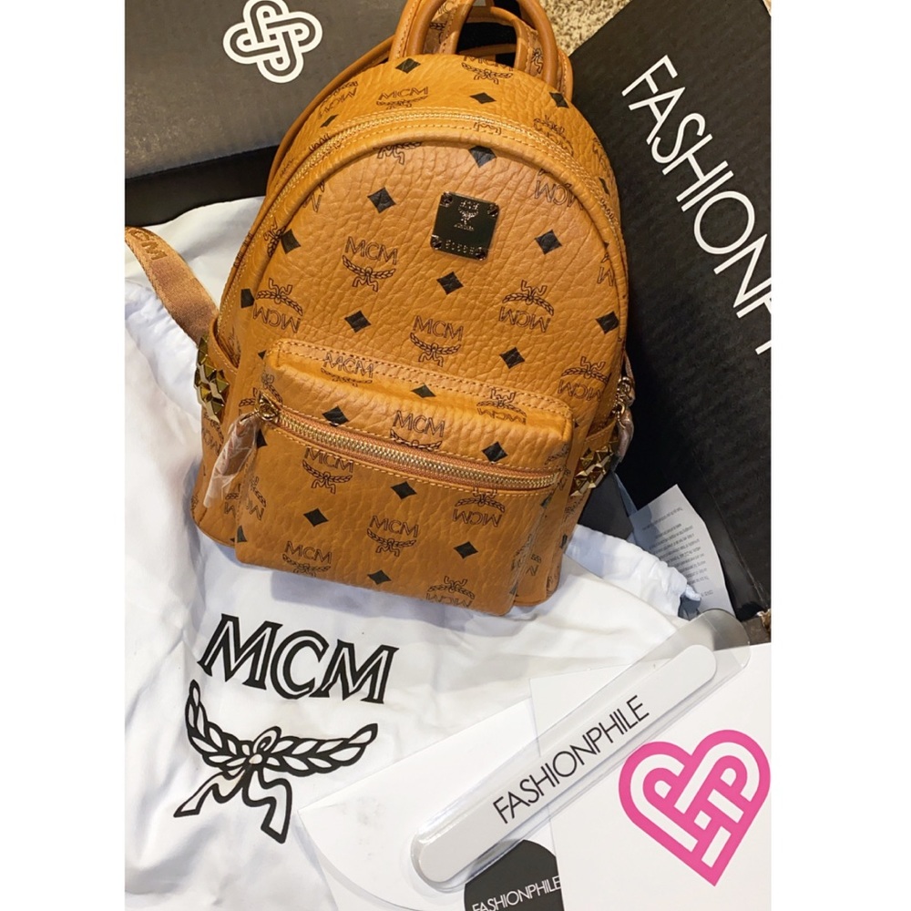 Authentic MCM Mini Stark Studded Backpack Cognac